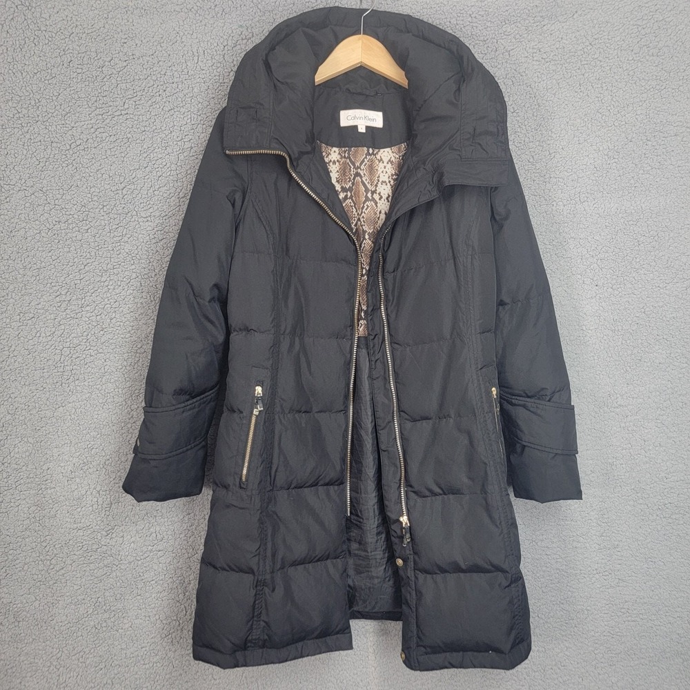 Calvin Klein Black Duck Down Hooded Fur Trim Puffer Black Full Zip Jacket Size S
